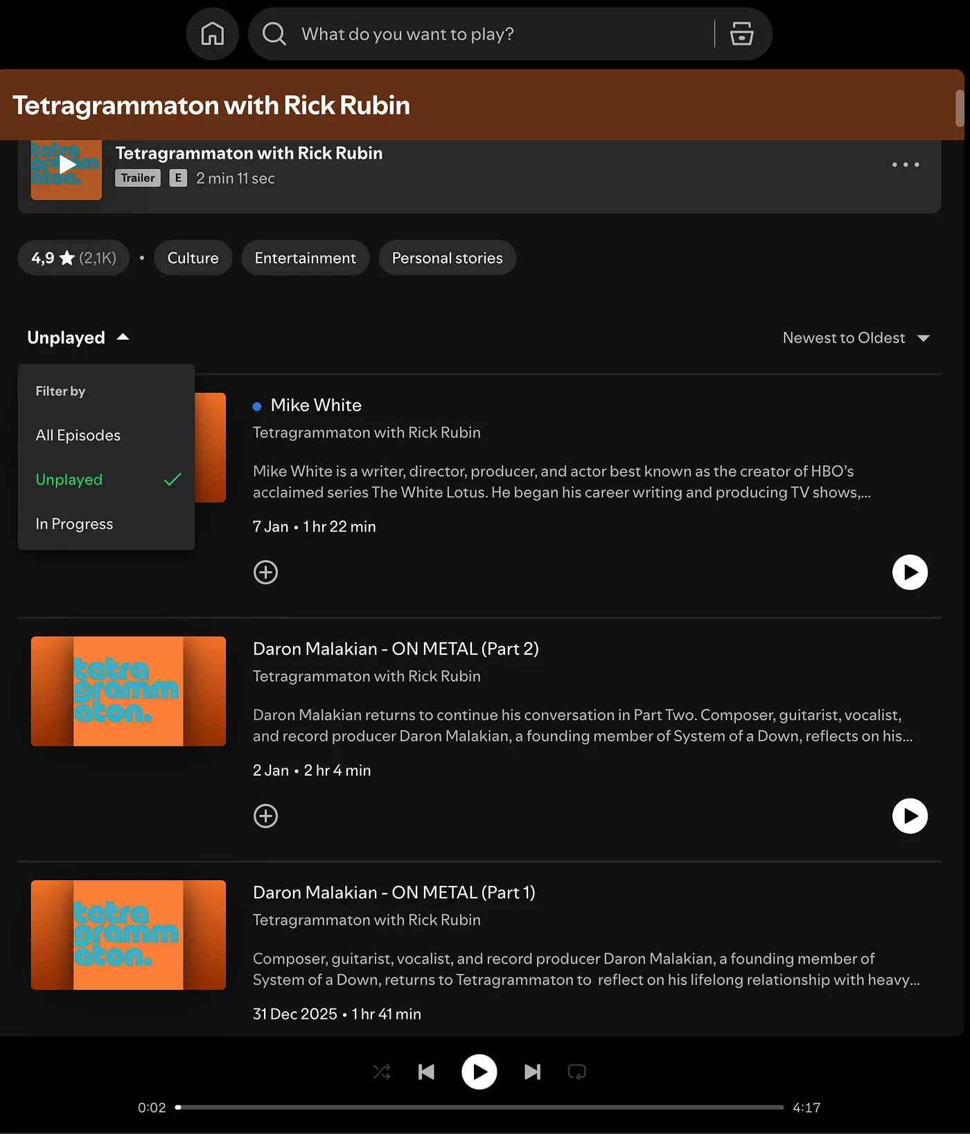 Desktop version - filter name is “Unplayed”