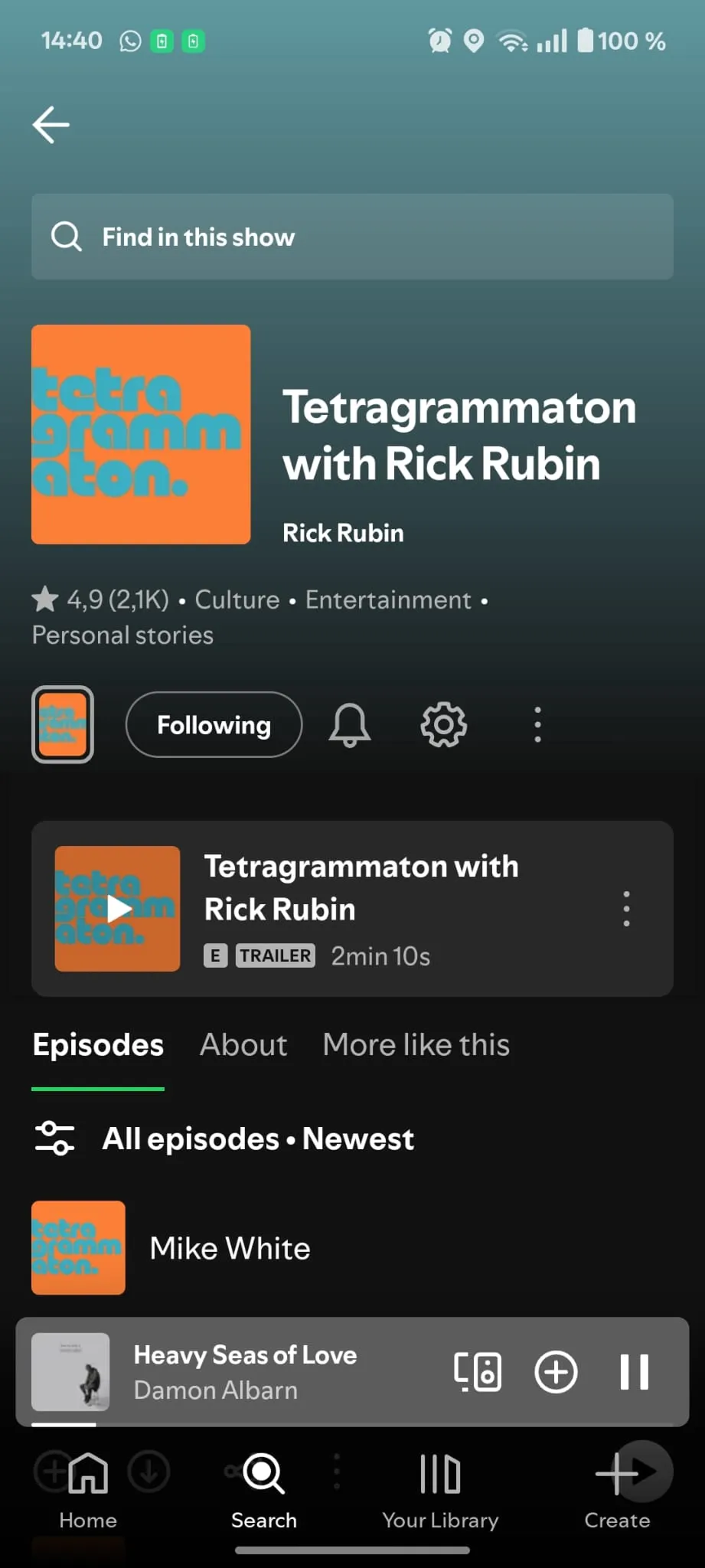 “Jump right in” (to the last episode played) is not available within a podcast