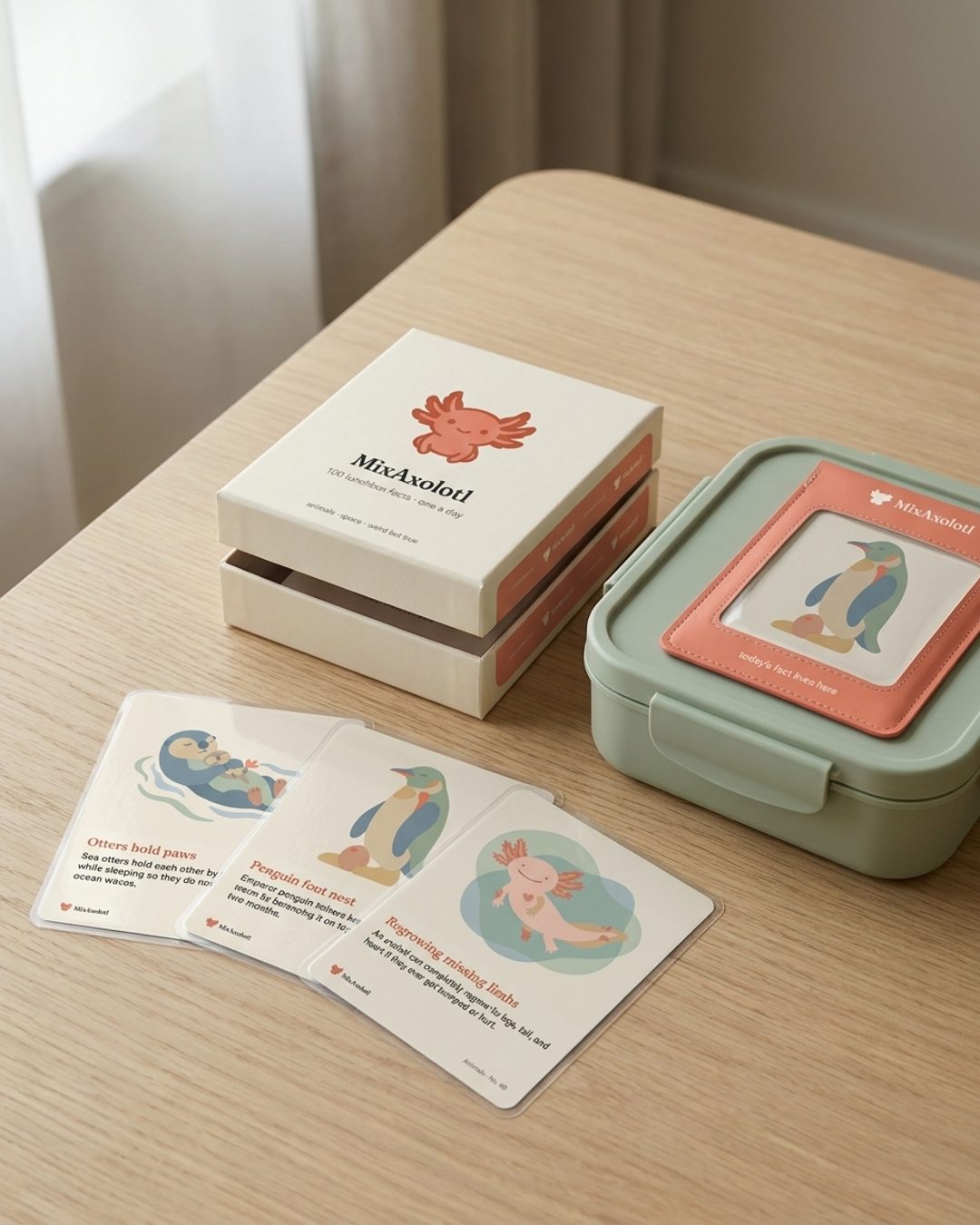 The MixAxolotl box, a fan of cards and the pouch on a lunchbox lid