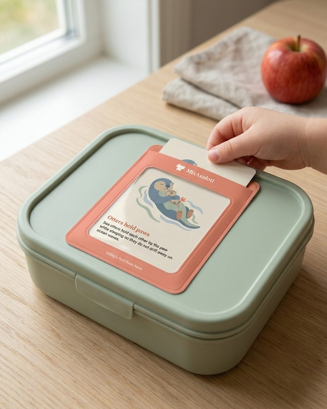 The MixAxolotl pouch on a lunchbox lid with a card inside