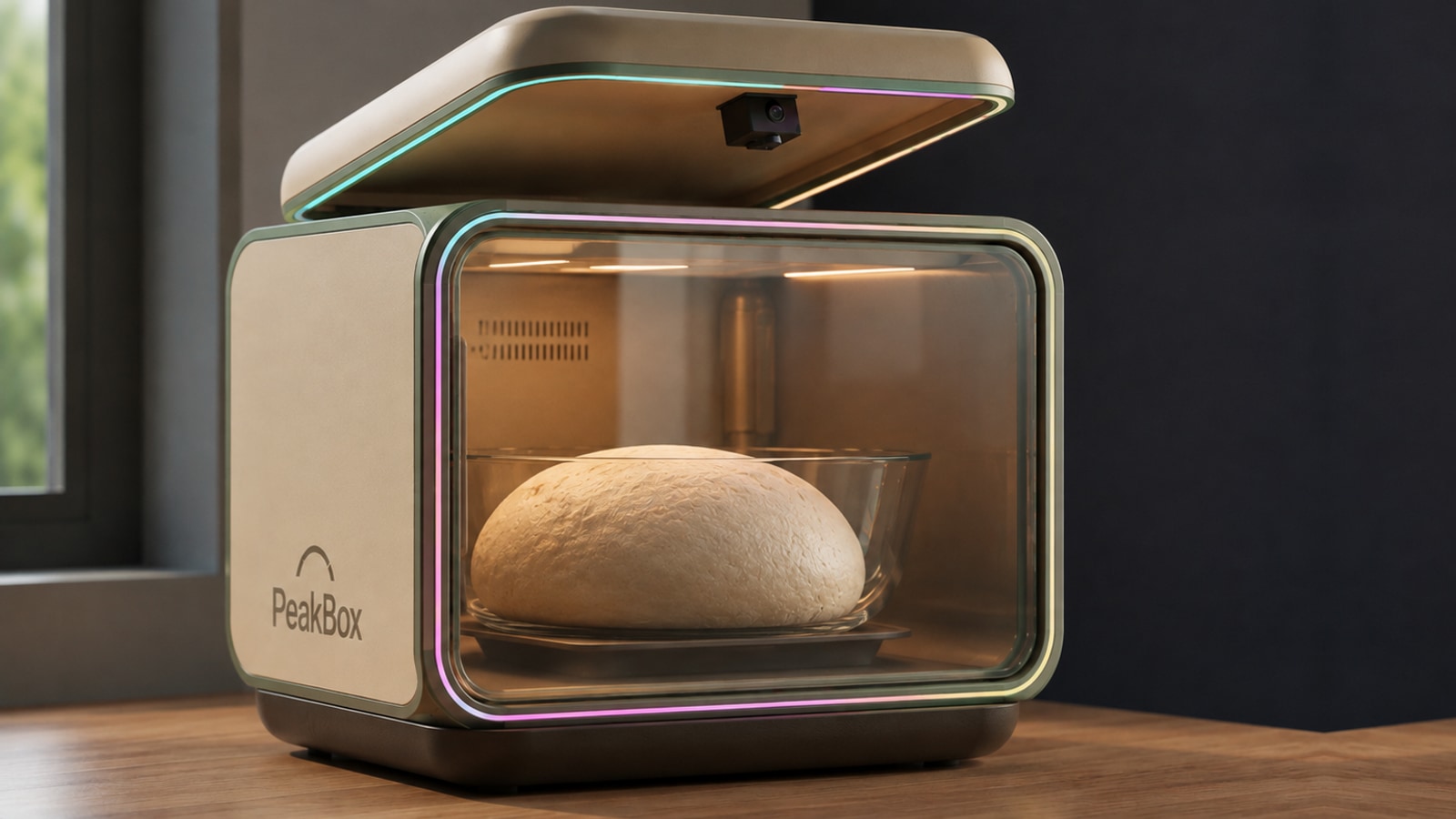 PeakBox on a wooden counter, lid open, dough rising under the lid sensor