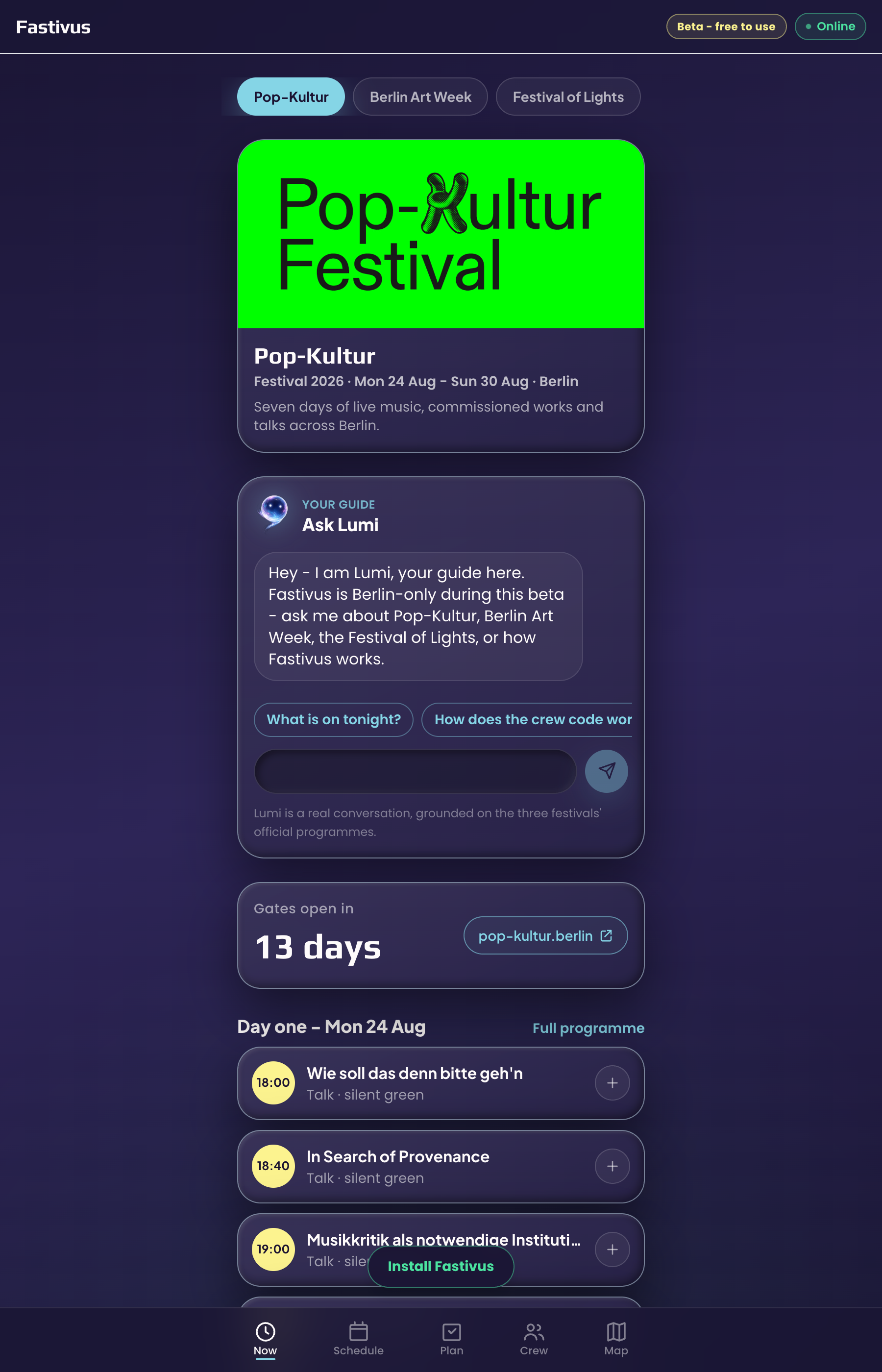 The live app - the three festivals, Lumi as the guide, and the countdown to gates