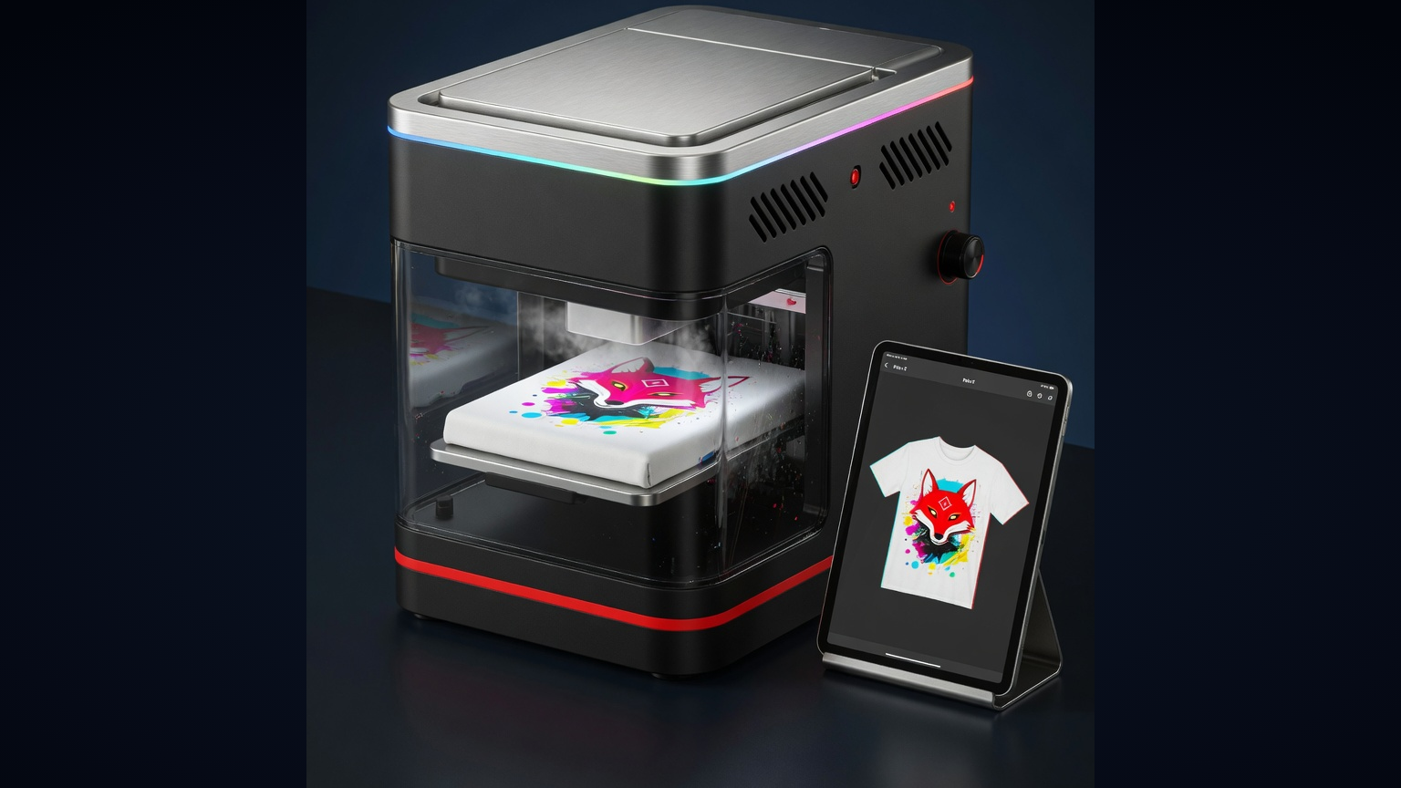 The Prin-T desktop textile printer in a dark studio