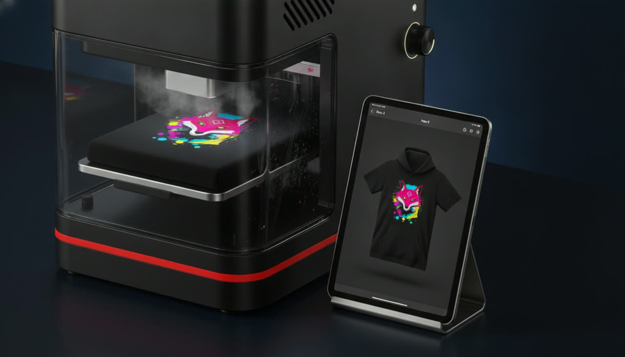 The 3D preview on a tablet beside the printer: the design wrapped over a hoodie's collar fold before anything is printed