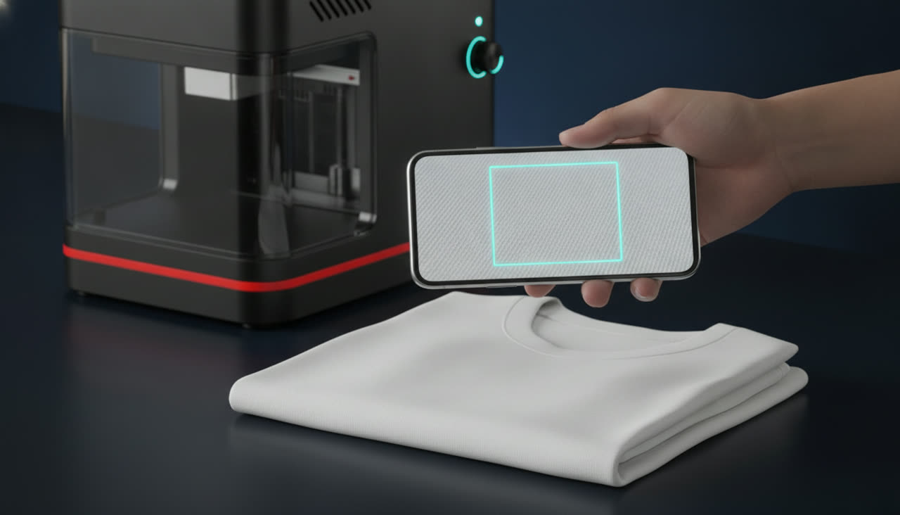 A phone held over the fabric on the platen, the app reading the weave and proposing a profile