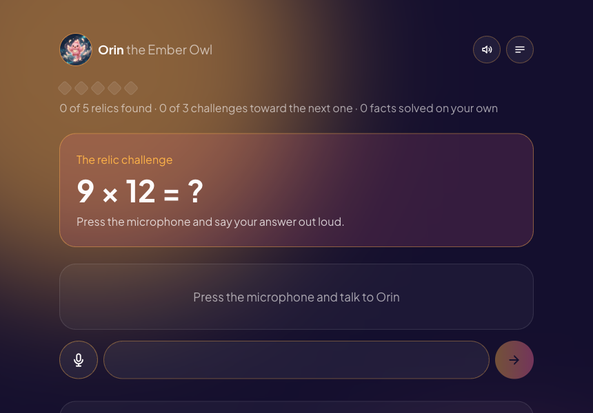 The live app - the riddle in text, the microphone below it, and the relic progress above