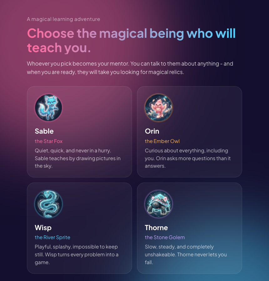 The mentor chooser in the live app - Sable the Star Fox and Orin the Ember Owl
