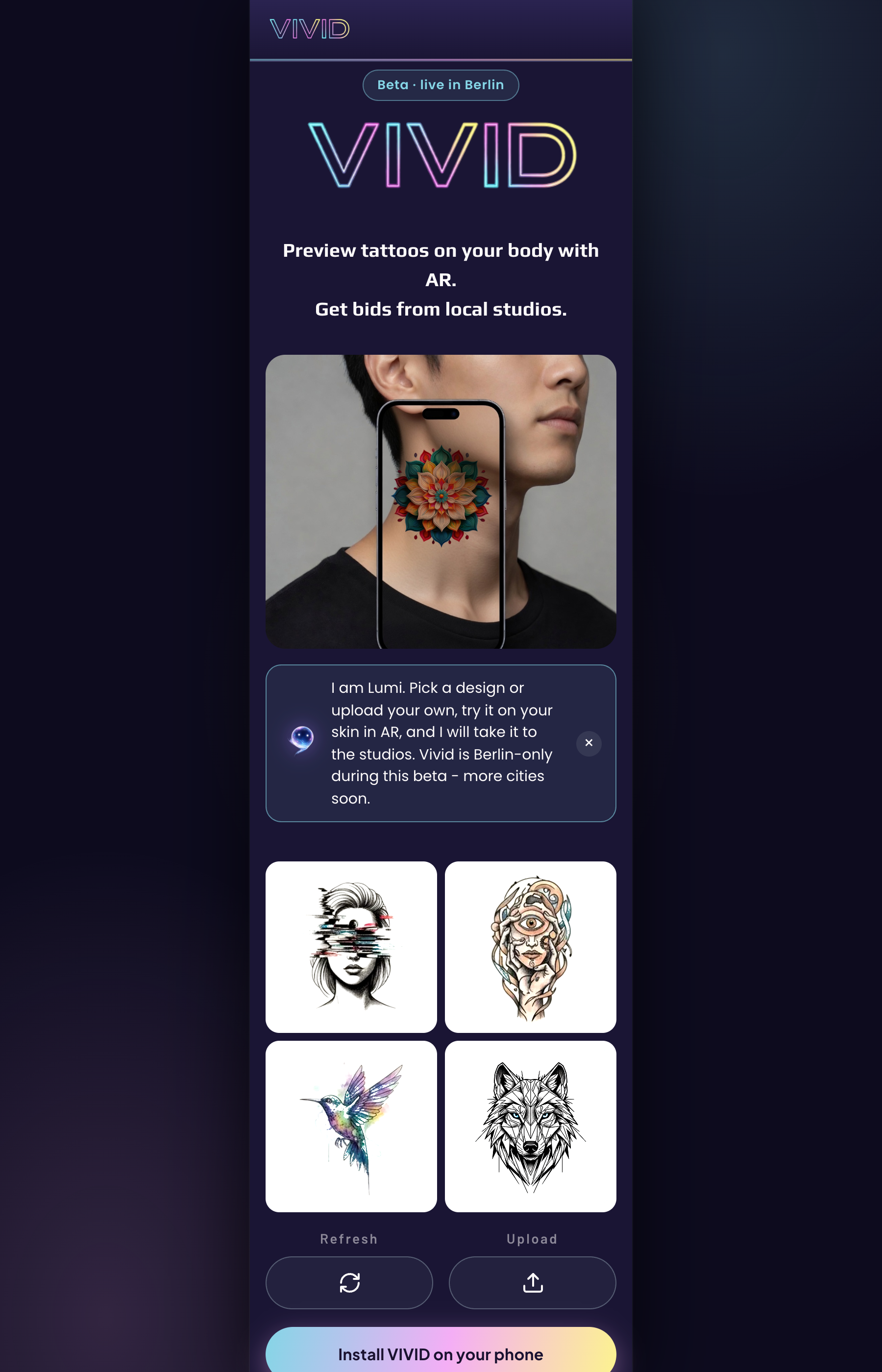 The live app - the curated gallery, with Lumi explaining that the beta is Berlin-only