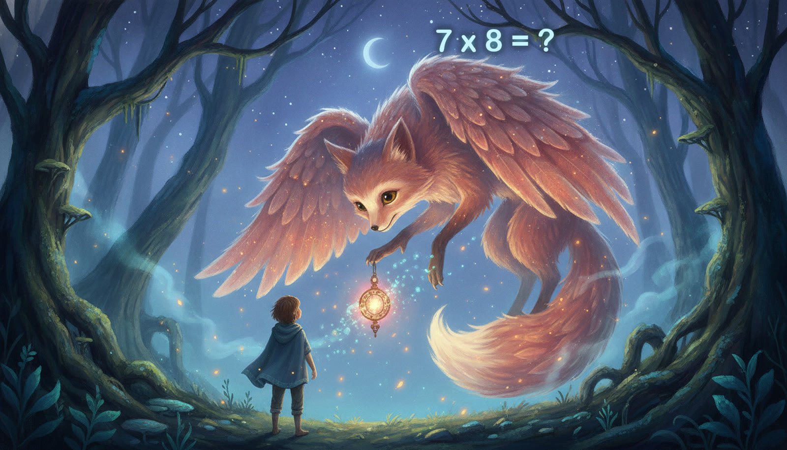 A glowing magical creature leaping from a cracked orb in a night forest